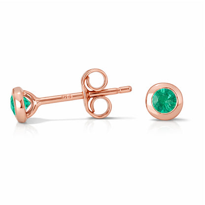 14K Gold 2.5mm Solitaire Emerald Round Bezel Set Stud Earrings
