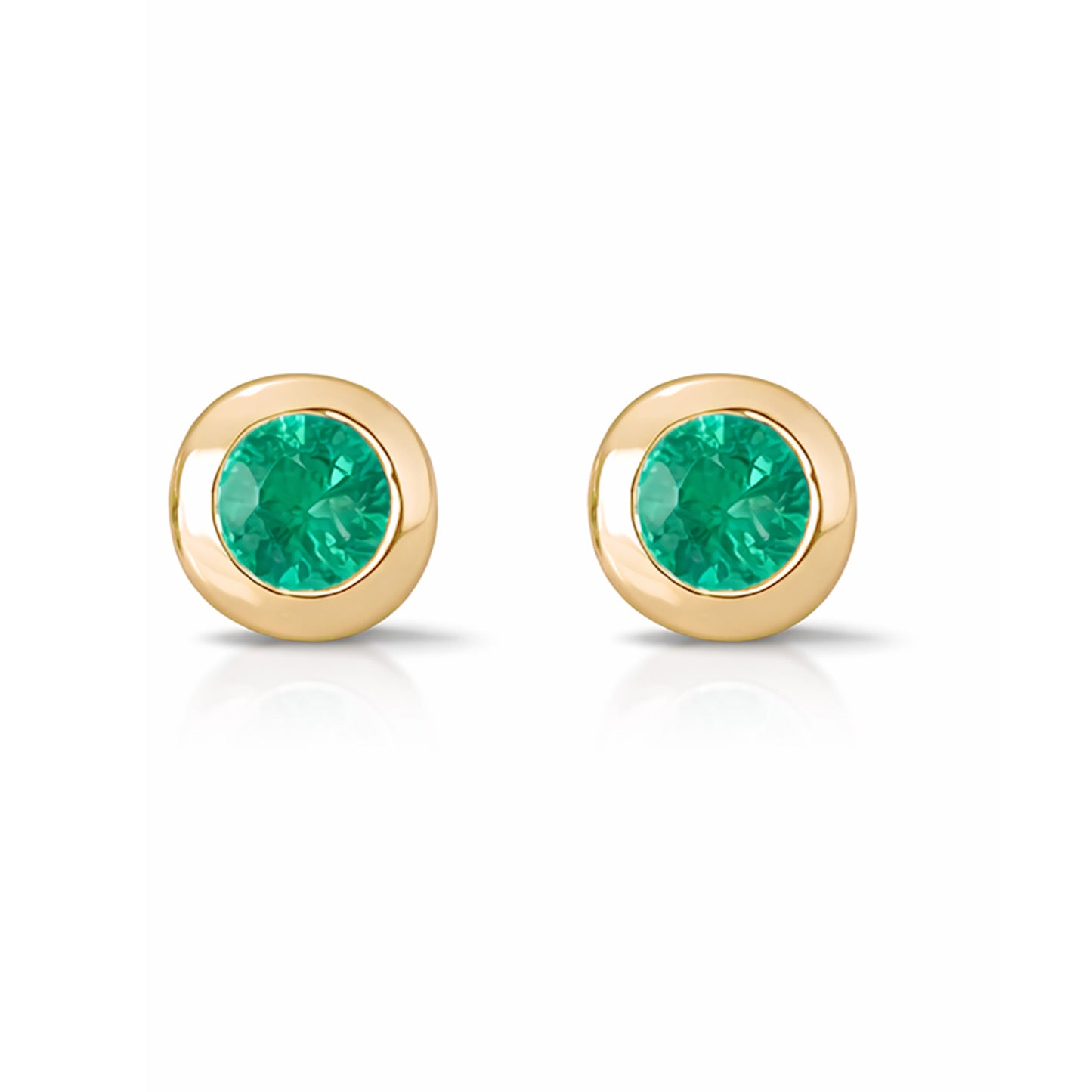 14K Gold 2.5mm Solitaire Emerald Round Bezel Set Stud Earrings