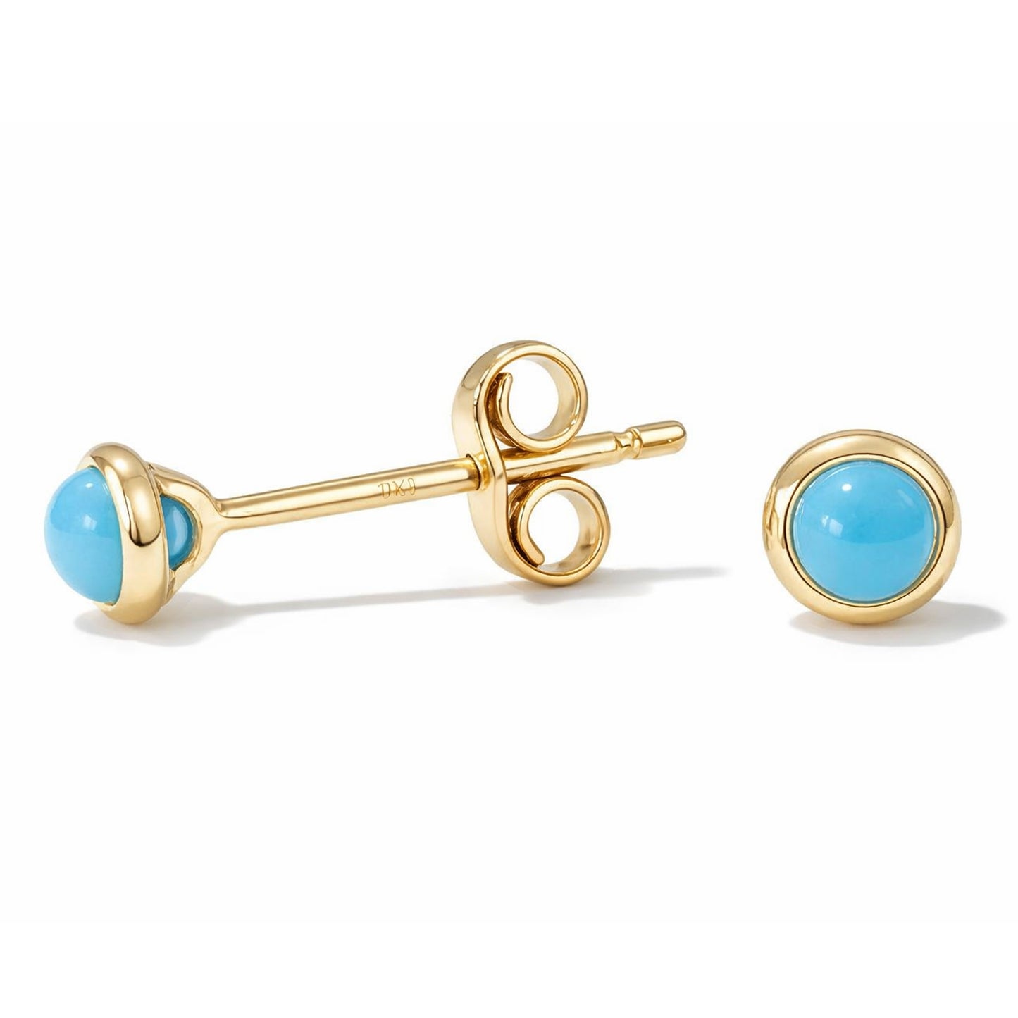 14K Gold 2.5mm Solitaire Turquoise Round Bezel Set Stud Earrings