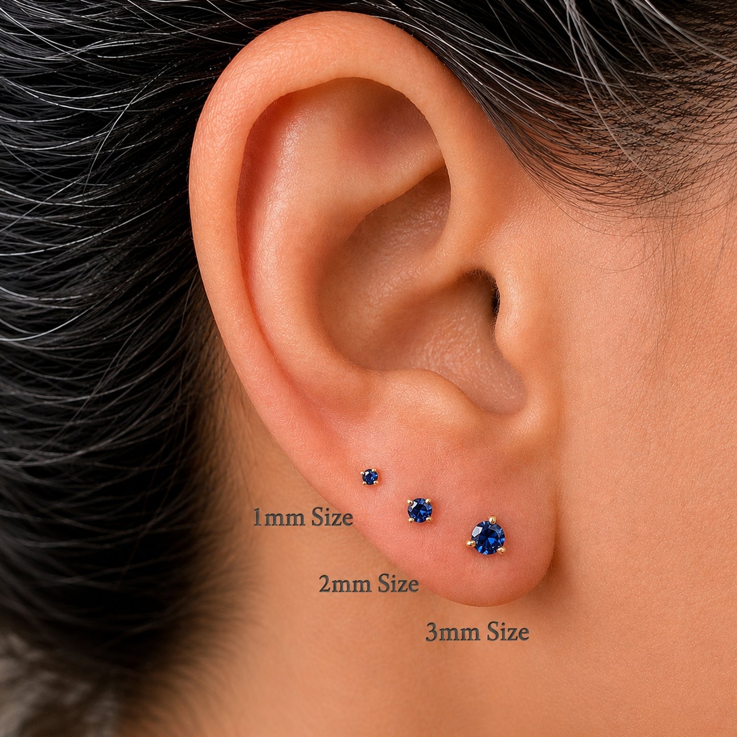 14K Gold Solitaire 3mm Blue Sapphire Martini Stud Earrings