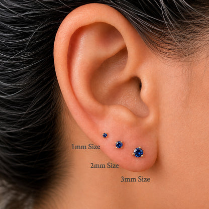 14K Gold Solitaire 3mm Blue Sapphire Martini Stud Earrings