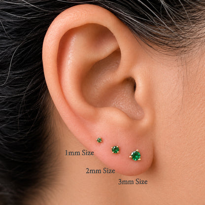 14K Gold Solitaire 3mm Emerald Martini Stud Earrings