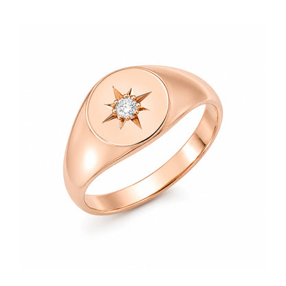 14K Gold Star Set Diamond Round Signet Ring