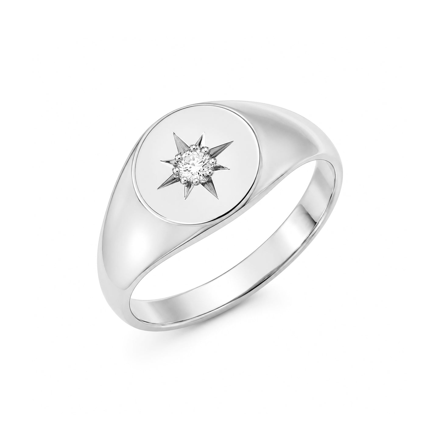 14K Gold Star Set Diamond Round Signet Ring