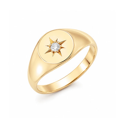 14K Gold Star Set Diamond Round Signet Ring