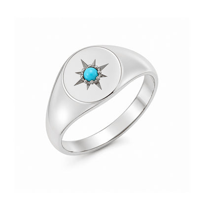 14K Gold Star Set Turquoise Round Signet Ring