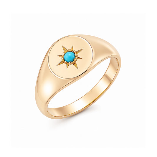 14K Gold Star Set Turquoise Round Signet Ring