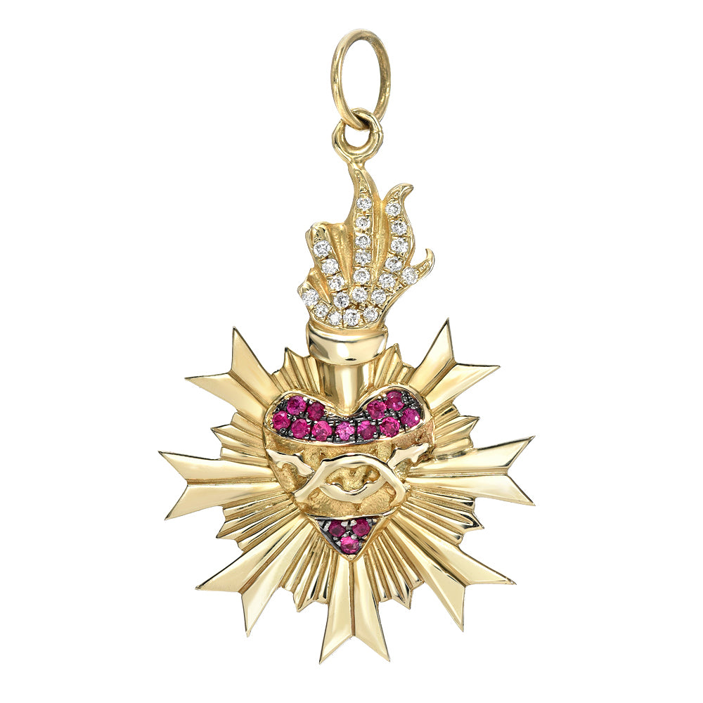 14K Gold Pavé Diamond & Ruby Flaming Sacred Heart Medallion Necklace