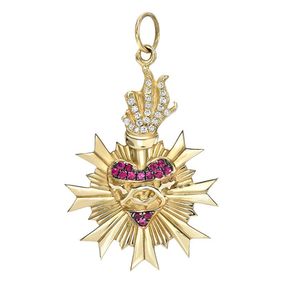 14K Gold Pavé Diamond & Ruby Flaming Sacred Heart Medallion Necklace
