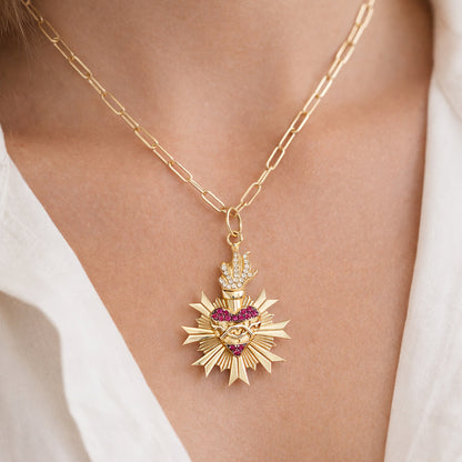 14K Gold Pavé Diamond & Ruby Flaming Sacred Heart Medallion Necklace