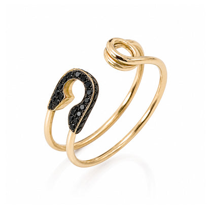 14K Gold Pavé Black Diamond Safety Pin Ring