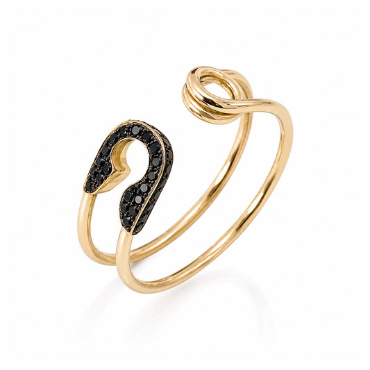14K Gold Pavé Black Diamond Safety Pin Ring