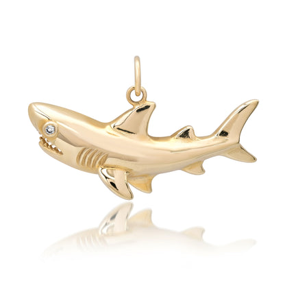 14K Gold Shark Pendant with Diamond Eye