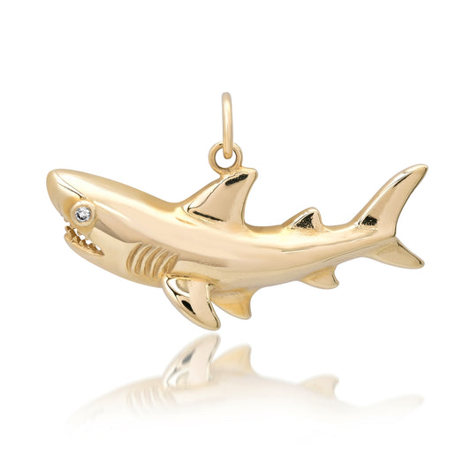 14K Gold Shark Pendant with Diamond Eye