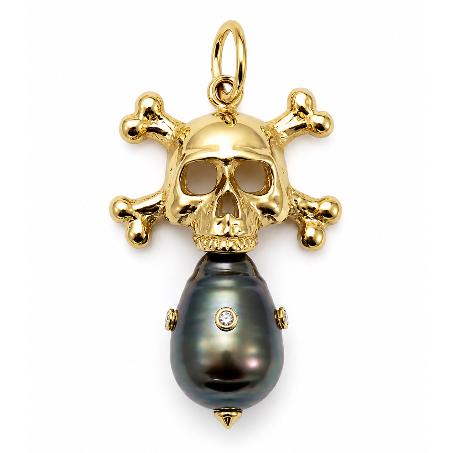 14K Gold Diamond Baroque Tahitian Cultured Pearl Skull & Crossbones Pendant