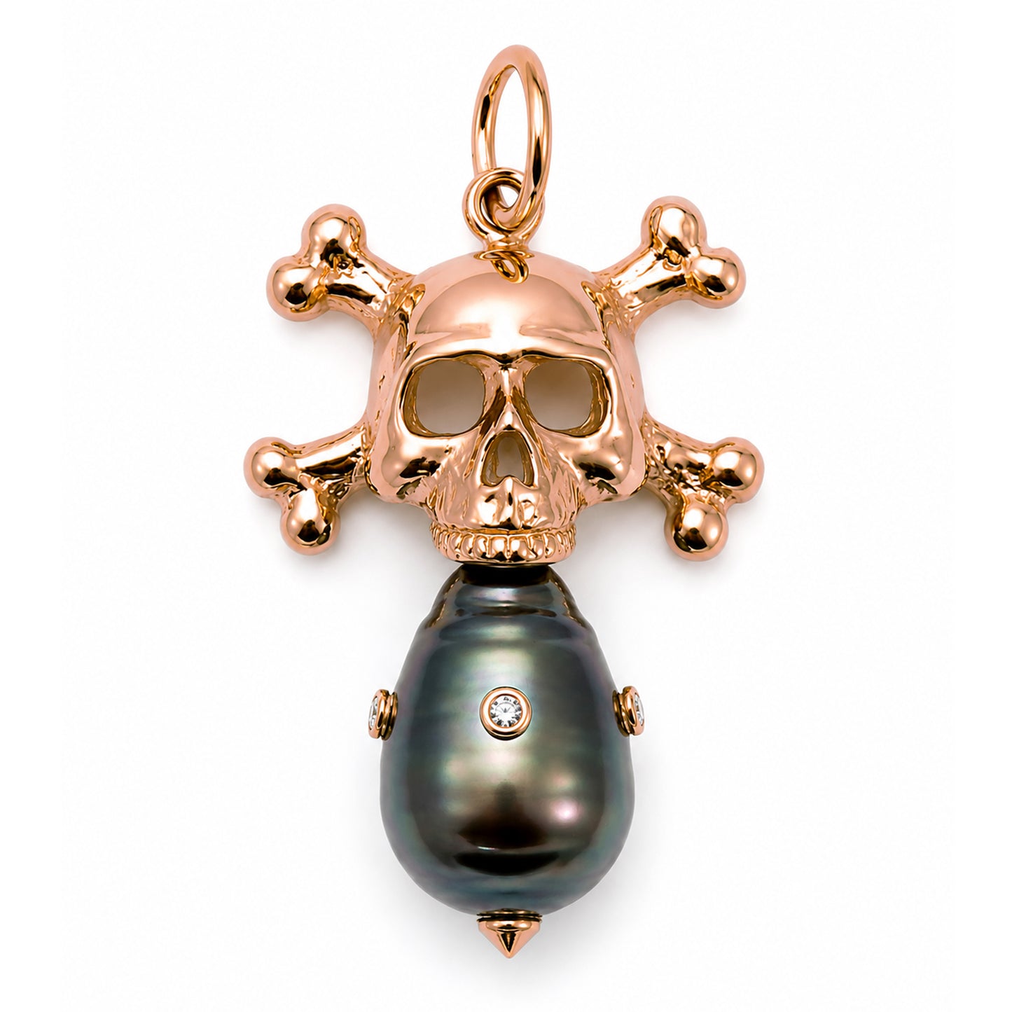 14K Gold Diamond Baroque Tahitian Cultured Pearl Skull & Crossbones Pendant