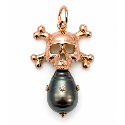 14K Gold Diamond Baroque Tahitian Cultured Pearl Skull & Crossbones Pendant