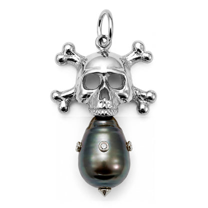 14K Gold Diamond Baroque Tahitian Cultured Pearl Skull & Crossbones Pendant