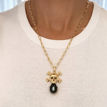 14K Gold Diamond Baroque Tahitian Cultured Pearl Skull & Crossbones Pendant