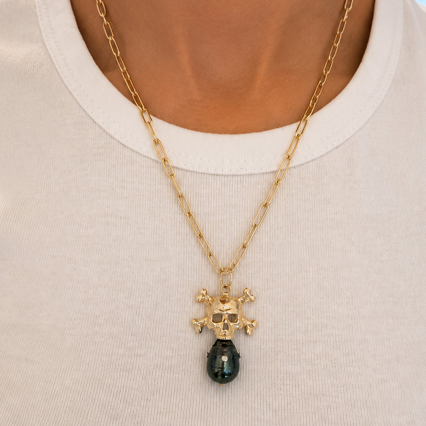 14K Gold Diamond Baroque Tahitian Cultured Pearl Skull & Crossbones Pendant