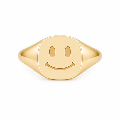 14K Gold Smiley Face Signet Ring