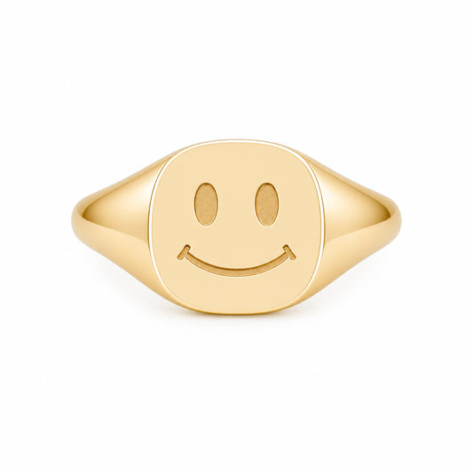 14K Gold Smiley Face Signet Ring