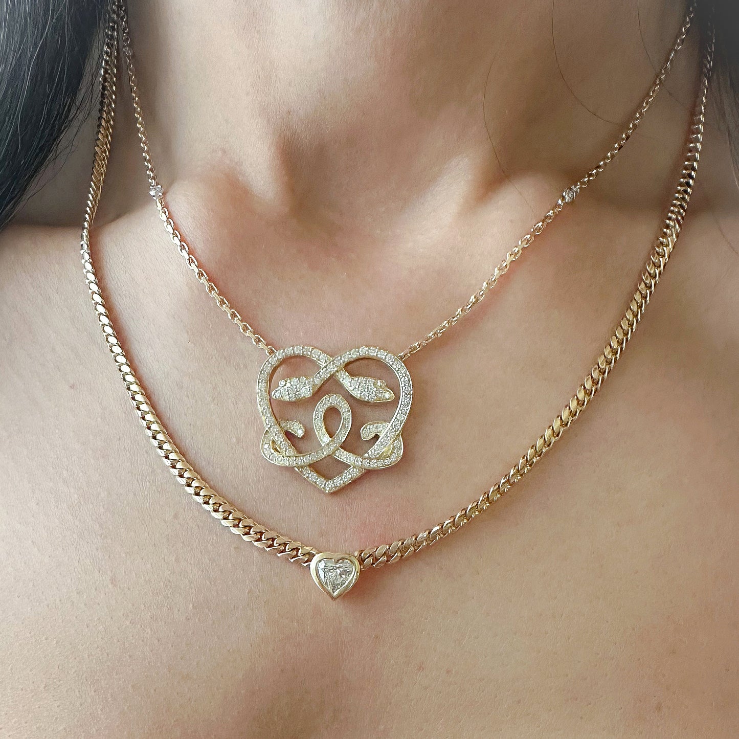 14K Gold Diamond Heart Solitaire Miami Cuban Link Chain Necklace