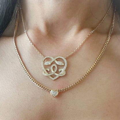 14K Gold Diamond Heart Solitaire Miami Cuban Link Chain Necklace