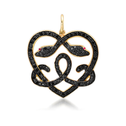14K Gold Pavé Black Diamond & Ruby Ouroboros Heart Pendant