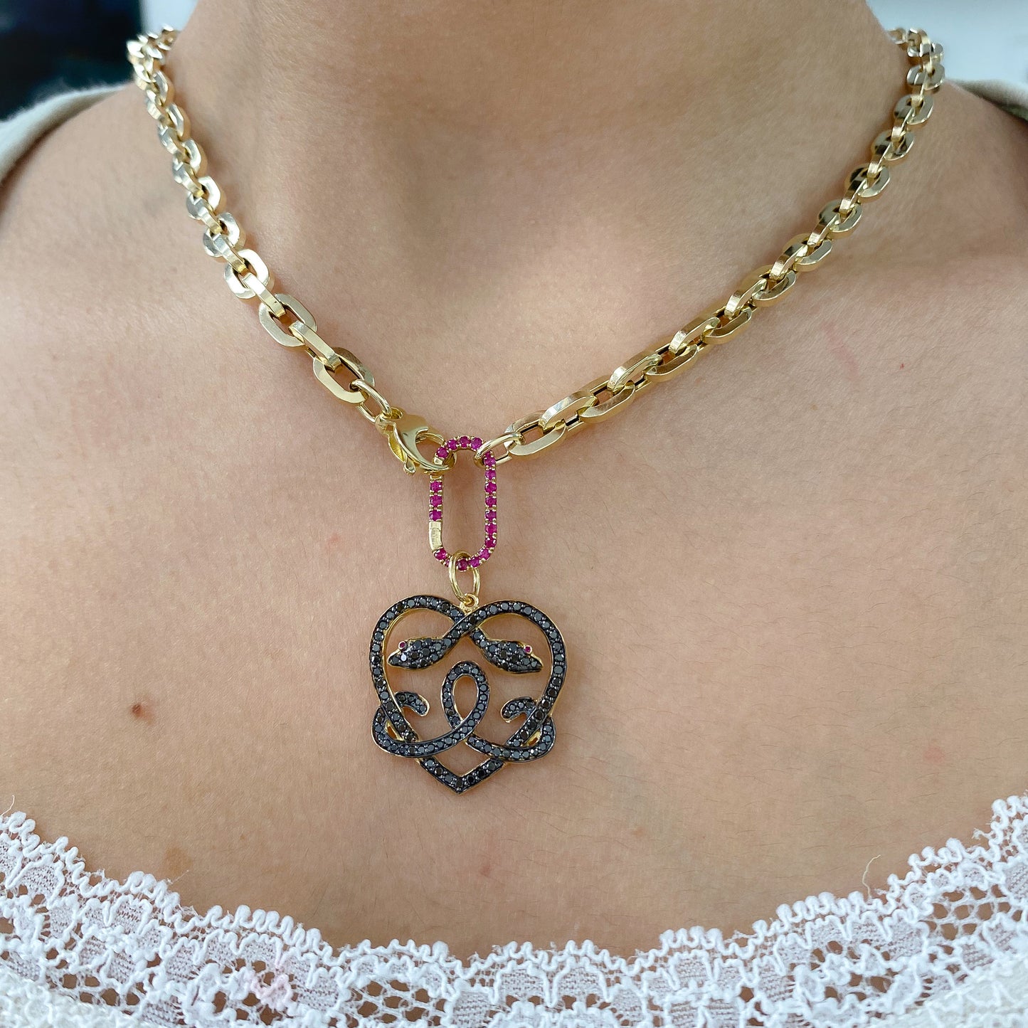 14K Gold Pavé Black Diamond & Ruby Ouroboros Heart Pendant