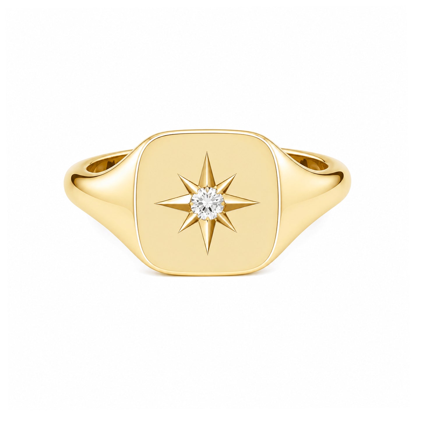 14K Gold Star Set Diamond Square Signet Ring