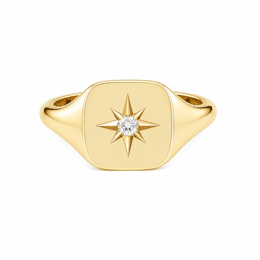 14K Gold Star Set Diamond Square Signet Ring