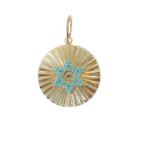 14K Gold Pavé Turquoise Star of David Fluted Round Medallion Pendant
