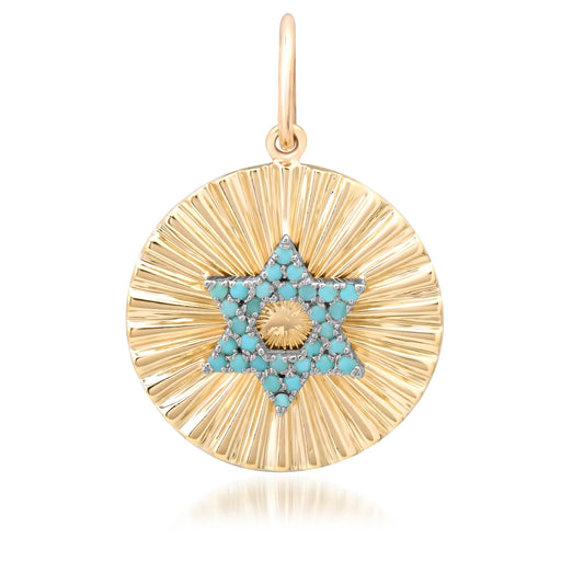 14K Gold Pavé Turquoise Star of David Fluted Round Medallion Pendant