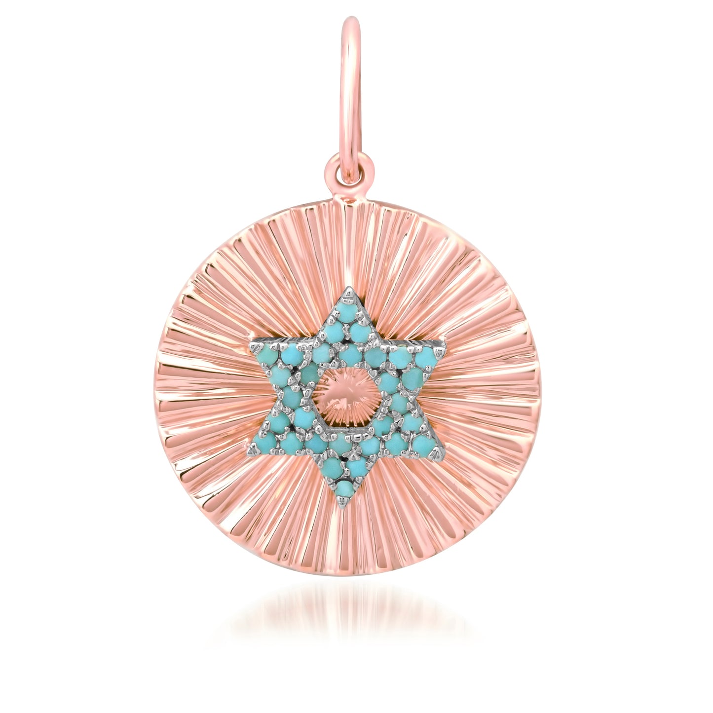 14K Gold Pavé Turquoise Star of David Fluted Round Medallion Pendant