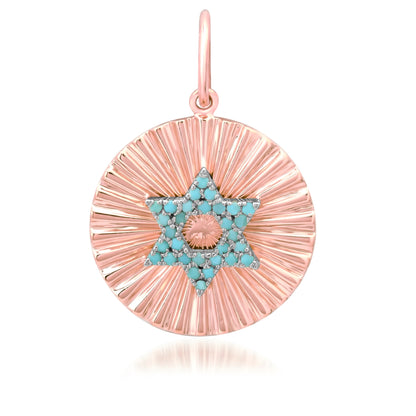 14K Gold Pavé Turquoise Star of David Fluted Round Medallion Pendant