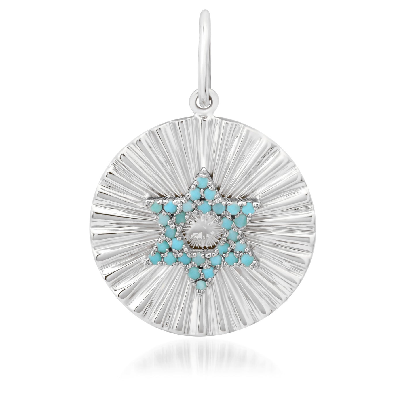 14K Gold Pavé Turquoise Star of David Fluted Round Medallion Pendant