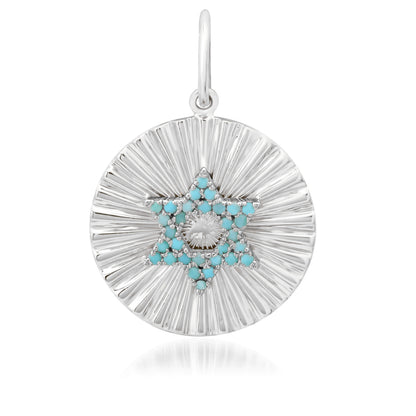 14K Gold Pavé Turquoise Star of David Fluted Round Medallion Pendant