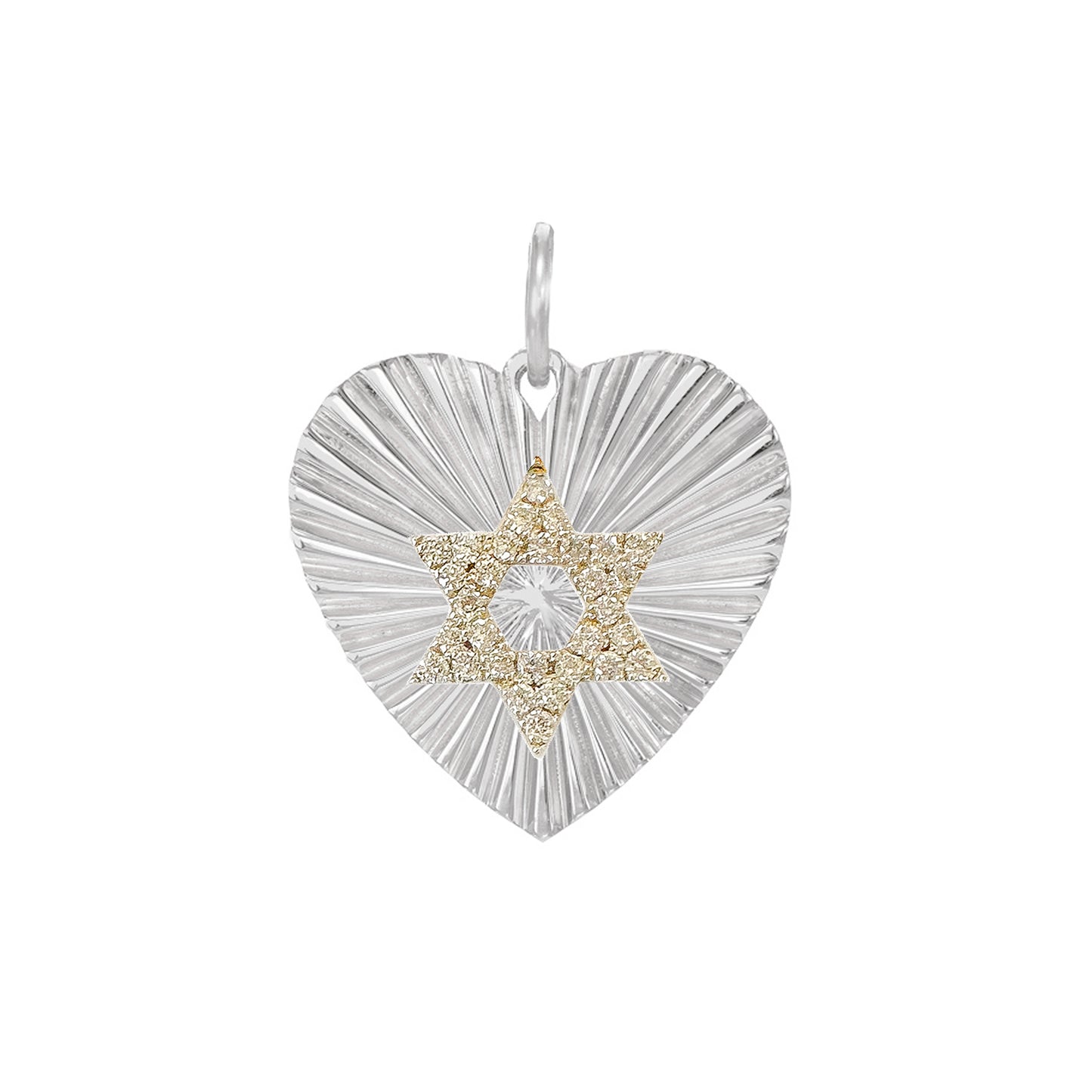 14K Gold Pavé Diamond Star of David Fluted Heart Medallion Pendant, Medium Size