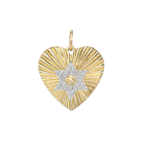 14K Gold Pavé Diamond Star of David Fluted Heart Medallion Pendant, Medium Size