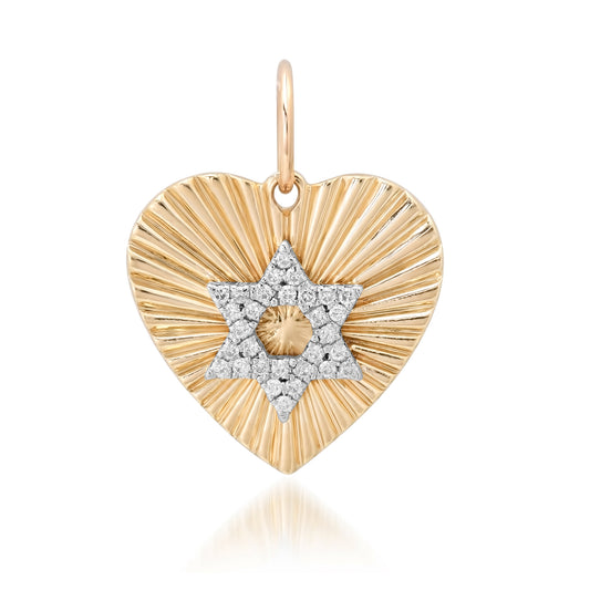 14K Gold Pavé Diamond Star of David Fluted Heart Medallion Pendant, Medium Size Heart