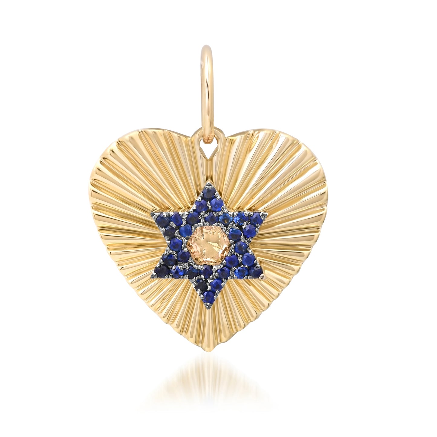 14K Gold Pavé Sapphire Star of David Fluted Heart Medallion Pendant, Medium Size Heart