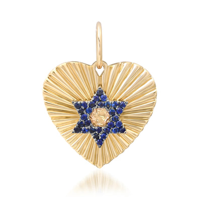 14K Gold Pavé Sapphire Star of David Fluted Heart Medallion Pendant, Medium Size Heart