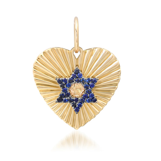 14K Gold Pavé Sapphire Star of David Fluted Heart Medallion Pendant, Medium Size Heart