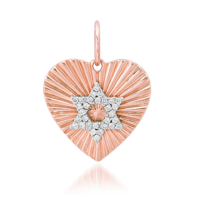 14K Gold Pavé Diamond Star of David Fluted Heart Medallion Pendant, Medium Size Heart