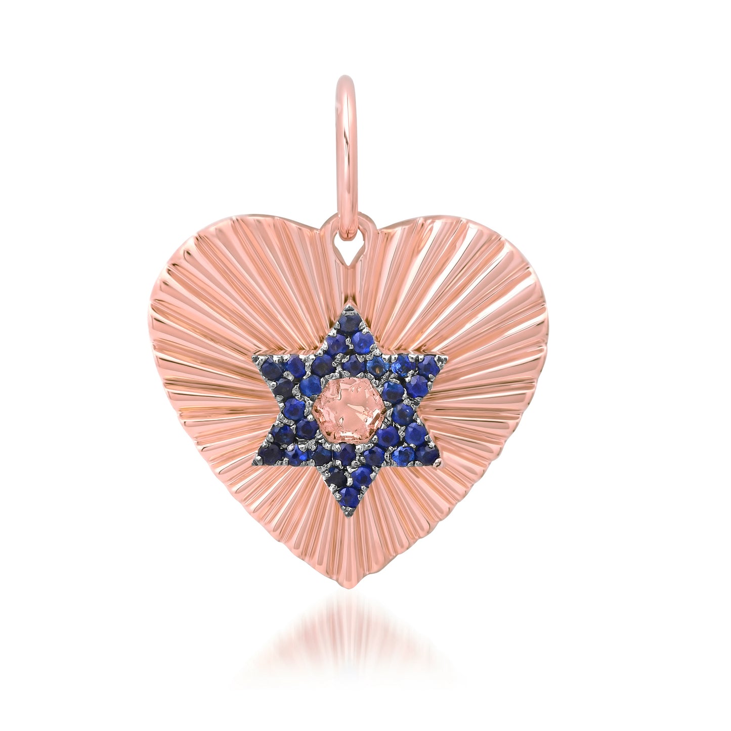 14K Gold Pavé Sapphire Star of David Fluted Heart Medallion Pendant, Medium Size Heart