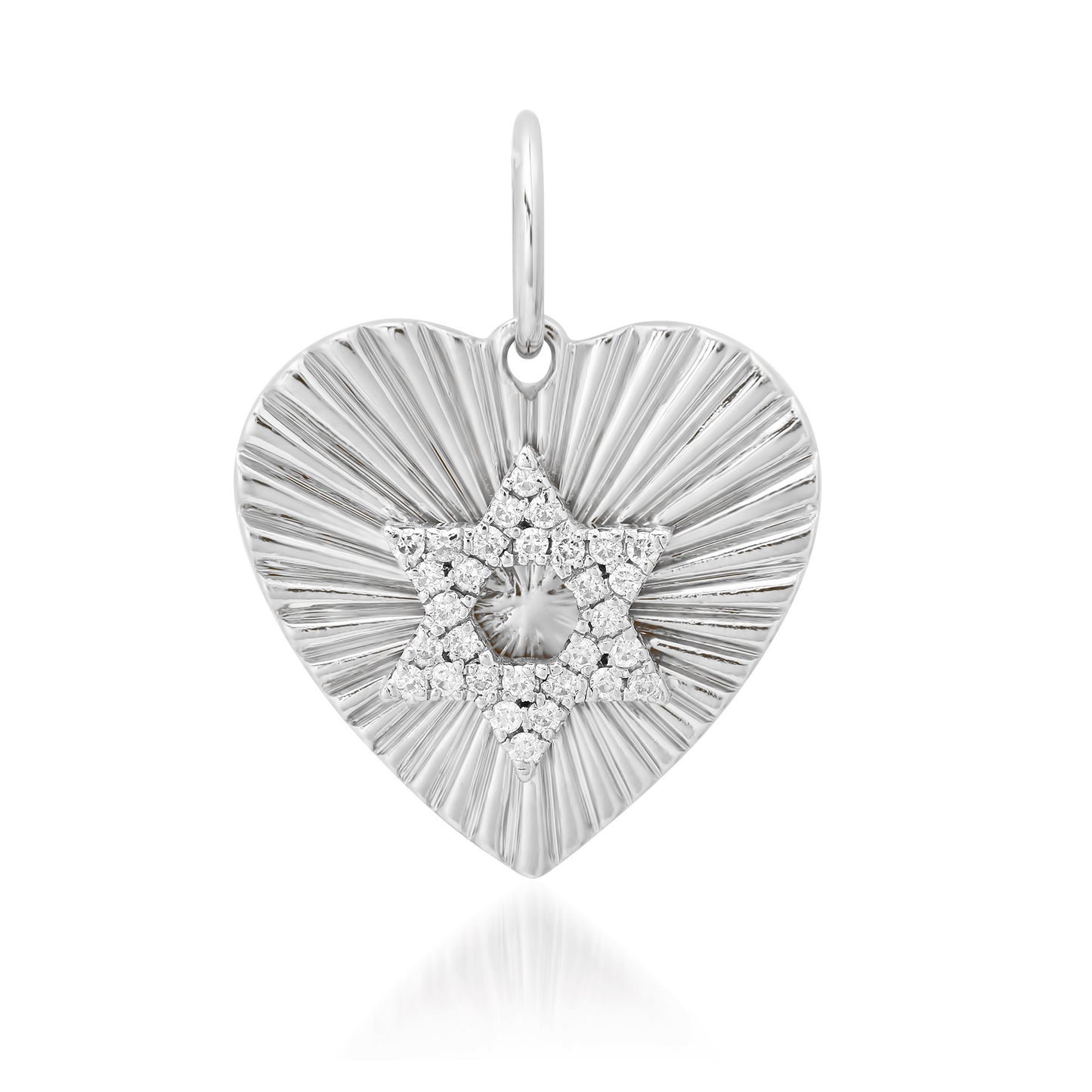 14K Gold Pavé Diamond Star of David Fluted Heart Medallion Pendant, Medium Size Heart