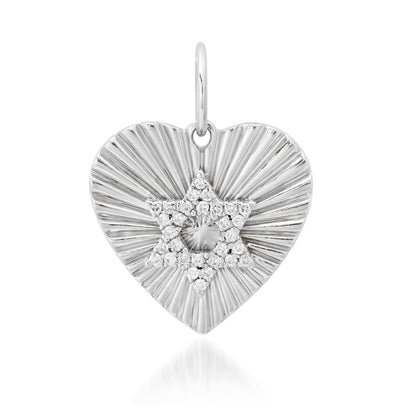 14K Gold Pavé Diamond Star of David Fluted Heart Medallion Pendant, Medium Size Heart