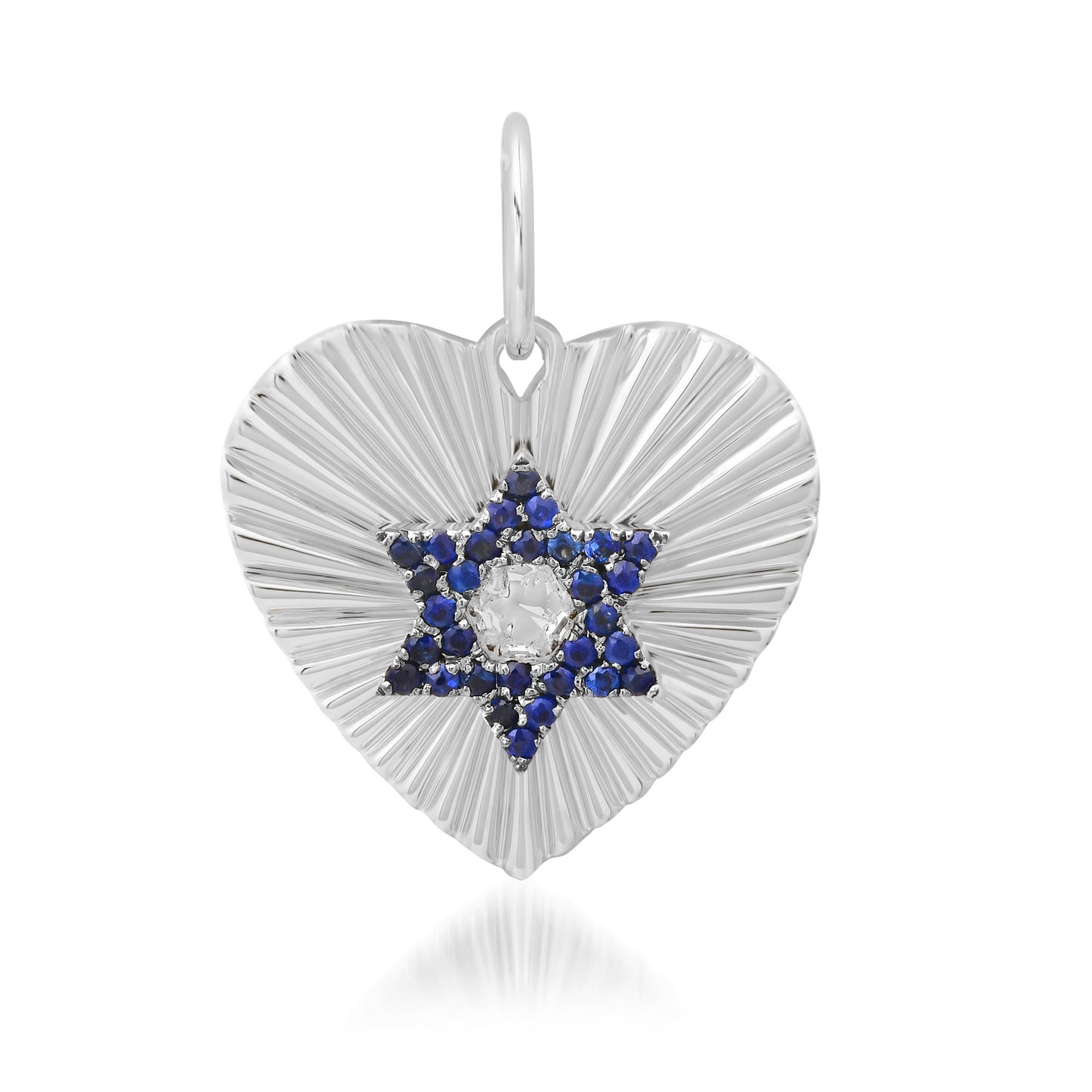 14K Gold Pavé Sapphire Star of David Fluted Heart Medallion Pendant, Medium Size Heart