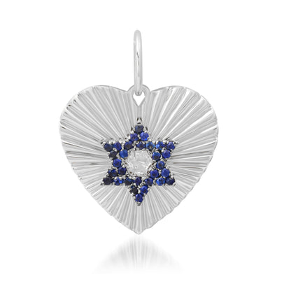 14K Gold Pavé Sapphire Star of David Fluted Heart Medallion Pendant, Medium Size Heart